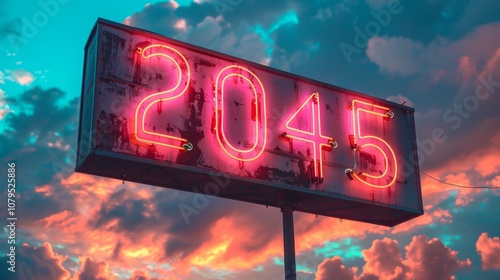 A pink neon sign displaying the year 2045 against a vibrant sunset sky.