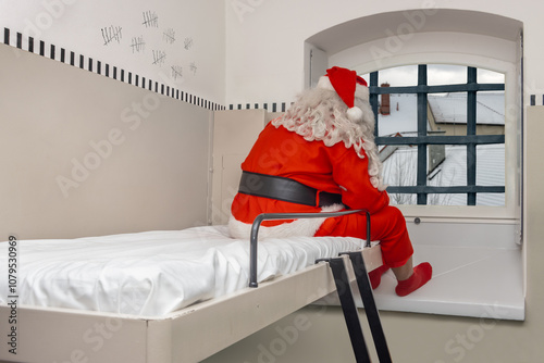 A dejected Santa Claus looks out of a prison window