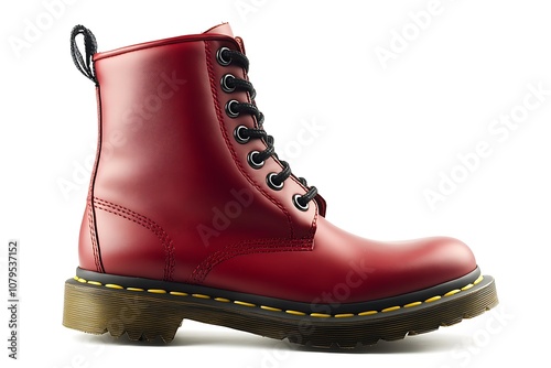 Classic red leather boot with black laces, isolated on a white background, representing fashion and footwear