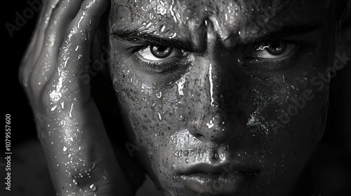 A man with a wet face and a scruffy beard