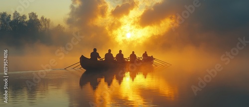 Serene Team Rowing at Dawn, a synchronized crew gliding over glassy water, morning light illuminating their focused expressions