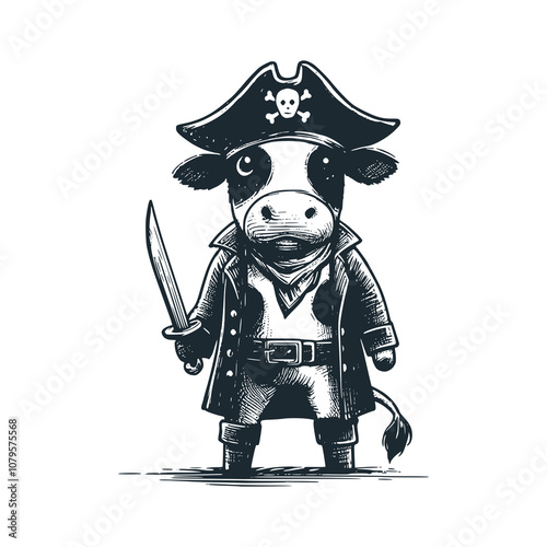 Pirate Sailor cow carrying sword. Black white vector illustration.