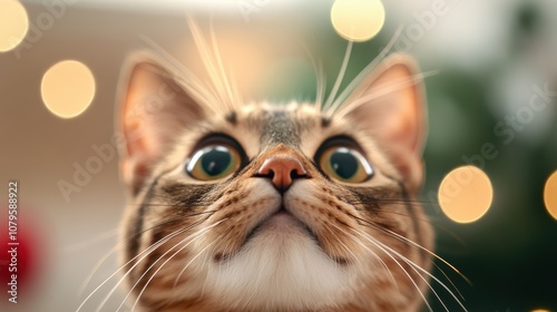 A whiskered cat, focused and gentle, peers upward with large, bright eyes. Its soft fur contrasts with the vibrant bokeh backdrop, embodying curiosity and peace.