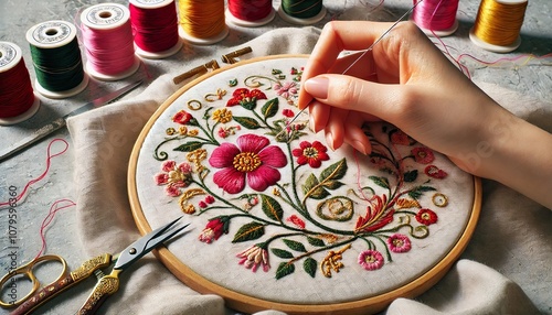 Close-up of a hand intricately embroidering a floral pattern onto a soft fabric using colorful threads. Generative AI