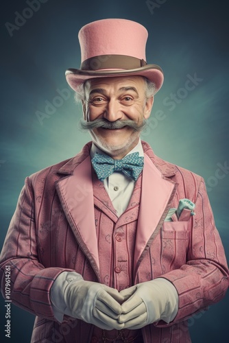 Portrait of a smiling man in vintage clothes from 19th century, jacket, bow tie, cylinder hat and gloves. Hands and fingers in power gesture body language. Minimal concept of announcer, a ringmaster.