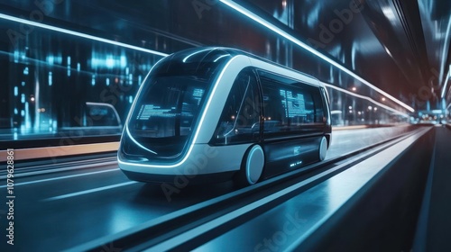 A futuristic autonomous vehicle gliding on a sleek, illuminated urban track.