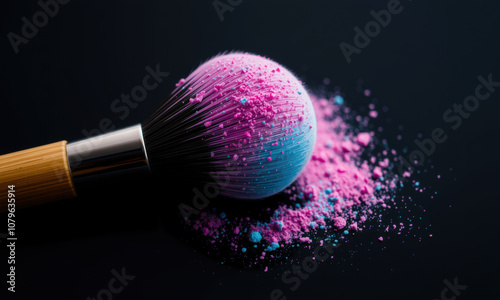 close up of makeup brush with colorful powder scattered around, showcasing vibrant pink and blue hues. brush bristles are soft and fluffy, perfect for applying makeup