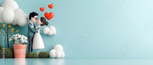 Loving Couple Embracing with Heart Shapes in Romantic Scenery Two people in a close intimate embrace surrounded by heart shaped objects conveying the concept of deep love affection and romance