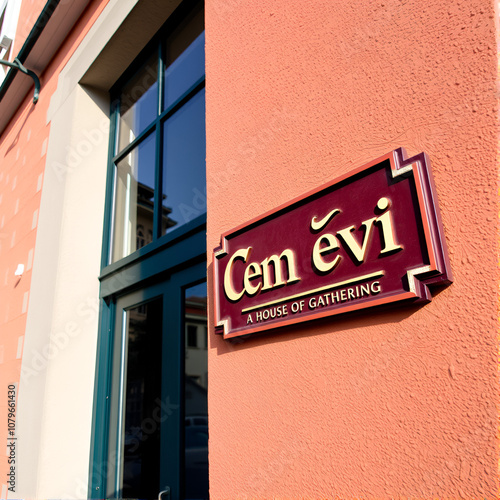 Cem evi sign on the building wall. Cem evi "a house of gathering" in Turkish) is a place of fundamental importance for Turkey's Alevi-Bektashiyyah tariqa populations, Ankara, Turkey.