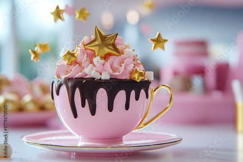 A fairy-tale hot chocolate cup with golden chocolate drizzle and floating marshmallow stars