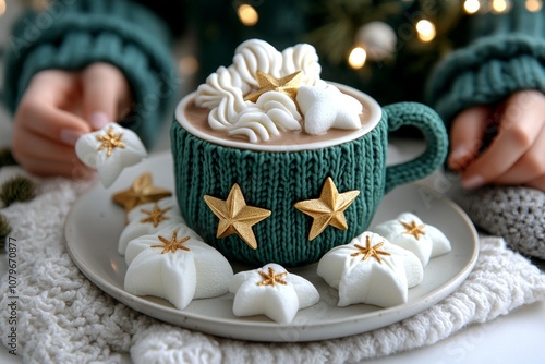 A fairy-tale hot chocolate cup with golden chocolate drizzle and floating marshmallow stars