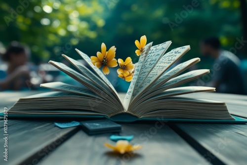 Aged book open on a wooden table, with yellowed pages and faint handwritten notes in the margins