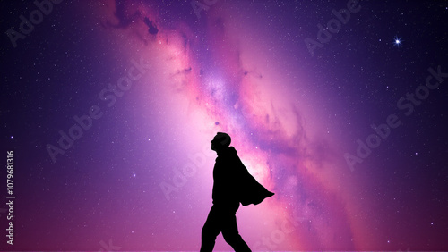 man walking middle galaxy human silhouette ascension general form portrait astral background above below clear high evolution immortality