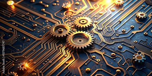 Interlocking gears on a complex circuit board, a microcosm of technological advancement