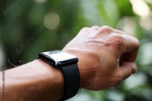 fitness tracker on wrist displaying heart rate and steps technol