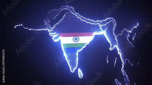 A glowing outline of the Indian subcontinent with the Indian flag on it.