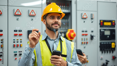 Different actions and working of engineer man hold walkie talkie and sometime use to contact his coworker and stay in front of electrical control panel.