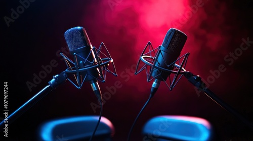 Two microphones with colorful lights in a music studio setting.