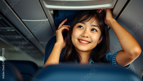 Ready for Takeoff: A young Asian woman stows her luggage in the overhead compartment, her face alight with anticipation for the journey ahead.