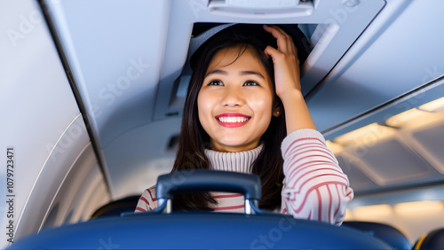 Ready for Takeoff: A young Asian woman stows her luggage in the overhead compartment, her face alight with anticipation for the journey ahead.