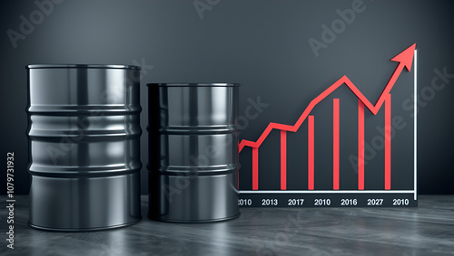 Changes in the fuel market. Crude oil barrels next to the schedule. Concept - changes in the hydrocarbon market. Graph shows rise and fall at the same time. Redistribution of the oil market.