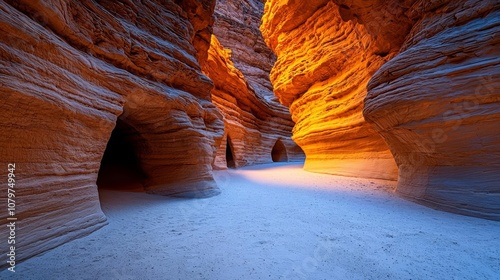 A stunning view of a narrow canyon bathed in warm orange light, showcasing smooth rock formations and soft sandy ground, inviting exploration and adventure.