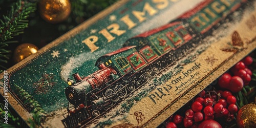 A close-up of a Polar Express ticket with Christmas-themed graphics.