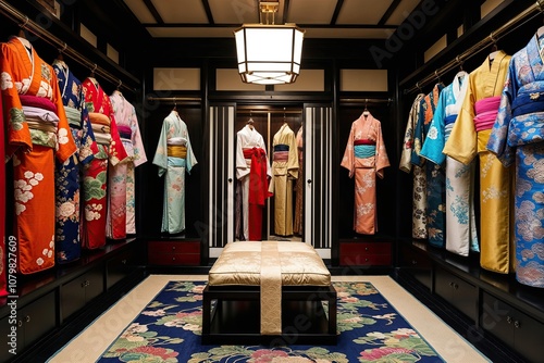 Elegant Japanese Kimono Collection in a Classic Upper-Class Room Adorned with Vibrant Silk Textiles