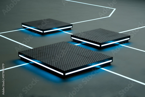 Three platforms with neon blue strips on gray, futuristic industrial aesthetic