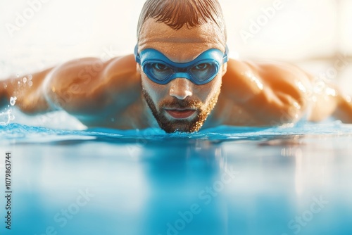 A competitive swimmer focuses on the finish line during a training session in a sunny outdoor pool in the afternoon