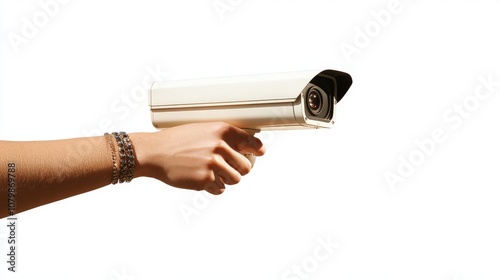 Modern Surveillance Camera in Hand on White Background