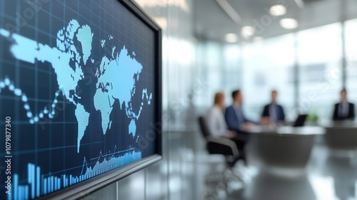 Business professionals discussing global economy with trade graphs on screen, modern conference room, high-detail decor