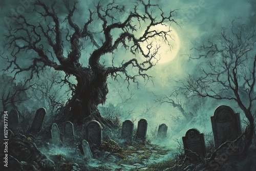 Eerie Graveyard with Foggy Night and Full Moon Casting Shadows on Tombstones