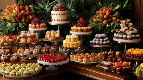 50.A decadent dessert table featuring multiple cakes and pastries, each one beautifully presented with rich frostings, fresh fruit toppings, and intricate decorative elements, creating a feast for