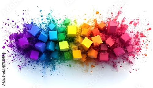 Colorful cubic particles on a white background, a colorful rainbow-colored cubic powder texture, an illustration of color blocks and paint splashes in various colors, 