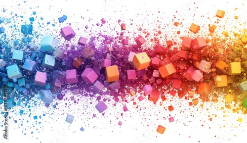 Colorful cubic particles on a white background, a colorful rainbow-colored cubic powder texture, an illustration of color blocks and paint splashes in various colors, 