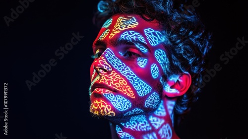 Vibrant Digital Patterns Projected on a Man's Face in a Striking Portrait Art Visualizing Technology and Creativity