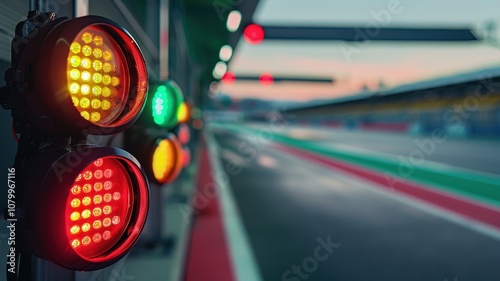 An empty F1 track with lights signaling the start of a race. The vibrant colors of the lights create an atmosphere of anticipation during a calm evening.