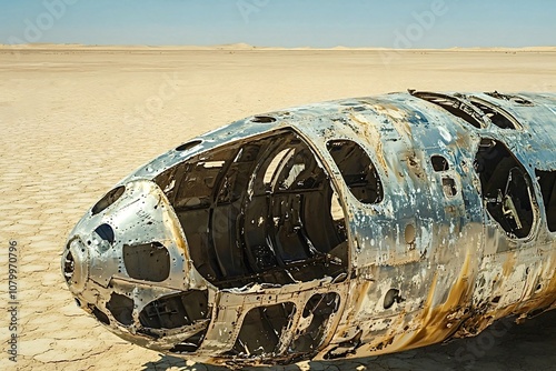 Corroded fuselage of a crashed aircraft rests on the arid desert floor, a haunting testament to a forgotten journey under the scorching sun