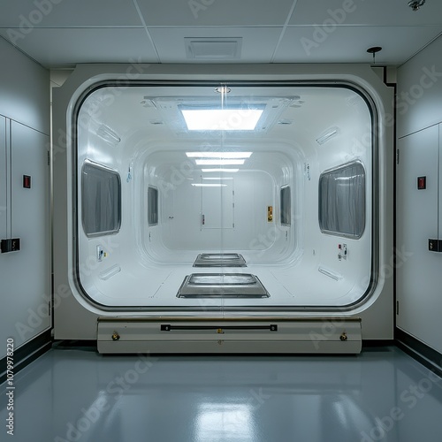 Nuclear energy engineer conducting research in biosafety containment chamber laboratory environment high-tech viewpoint