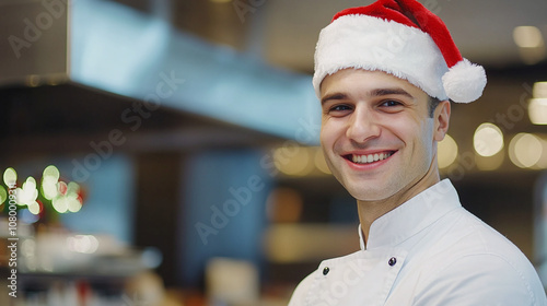 Portrait of smiling male chef in white tunic and santa hat in professional restaurant kitchen