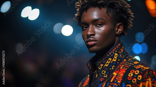 Smart Man model on a runway wearing a geomatric black outfit, blending bold colors and intricate patterns, spotlight highlighting the look