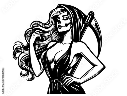 seductive grim reaper woman holding a scythe in pin-up style black vector