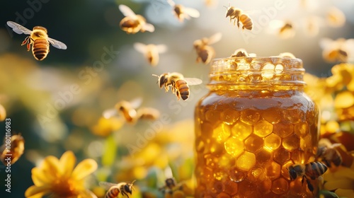 Golden honey jar surrounded by buzzing bees and blooming flowers, capturing the essence of nature's sweetness and pollination.