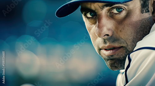 Close-up of professional baseball player in uniform, intense expression as he prepares to throw the ball during a high-stakes playoff game, capturing the focus and determination of the athlete.