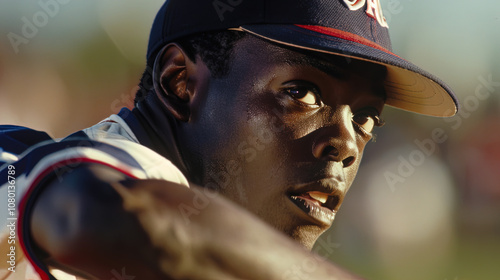 Close-up of professional baseball player in uniform, intense expression as he prepares to throw the ball during a high-stakes playoff game, capturing the focus and determination of the athlete.