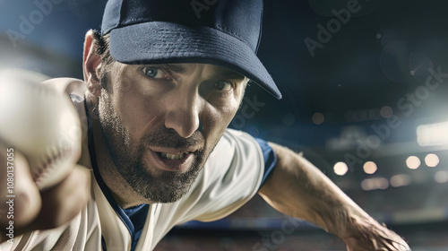 Close-up of professional baseball player in uniform, intense expression as he prepares to throw the ball during a high-stakes playoff game, capturing the focus and determination of the athlete.