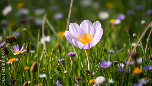 Pasque flower in a spring meadow, with every blade of grass and wildflower around it rendered in incredible detail, creating a lifelike nature scene