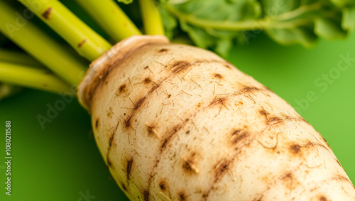 Closeup of taro root vegetable, eddo malanga, on green background, taro, root vegetable, eddo malanga, closeup