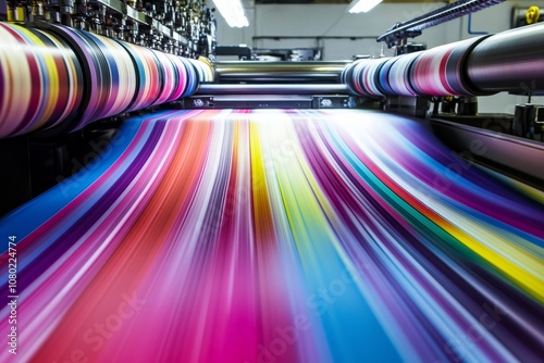 Vibrant printing press in action colorful poster creation with large paper rolls and designs